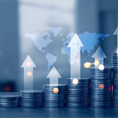 Saving money wealth concept. Stack of silver coins with up arrow. driven by higher interest rates and steady growth in money investments. finance, growth, increase, interest, money, profit, stock, tax