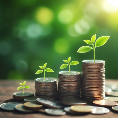Money Growth Concept Coins Pile with Sprouting Plant Against a Green Background